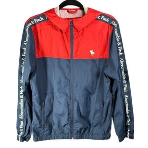 Abercrombie & Fitch Windbreaker Mens Small Blue Red Logo Tape Hooded Jacket